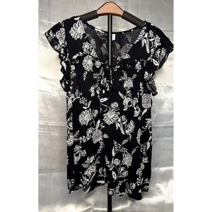 Old Navy Black White Floral Boho Peplum Ruffle Sleeve Blouse Top M Cottage